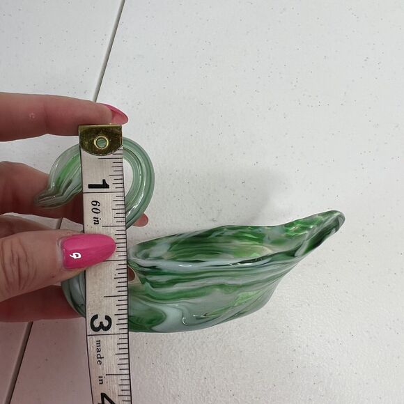 Vintage Art Glass Swan Bowl Hand Blown Green Dish Mid Century Mod Tiny 6 Inch - Picture 8 of 8